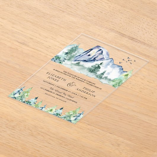 Rustic Mountain Pine Trees Forest Wedding アクリル招待状 (レイダウン)