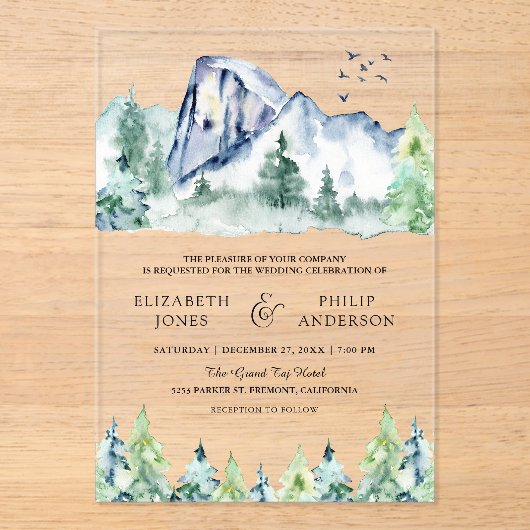 Rustic Mountain Pine Trees Forest Wedding アクリル招待状 (正面)