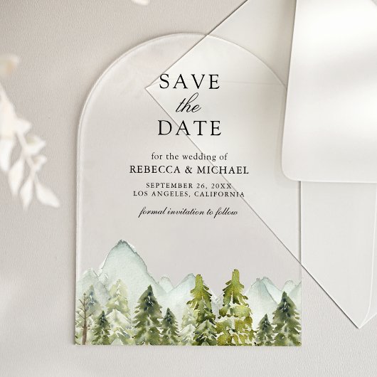 Rustic Mountain Pine Trees Wedding Save the Date アクリル招待状