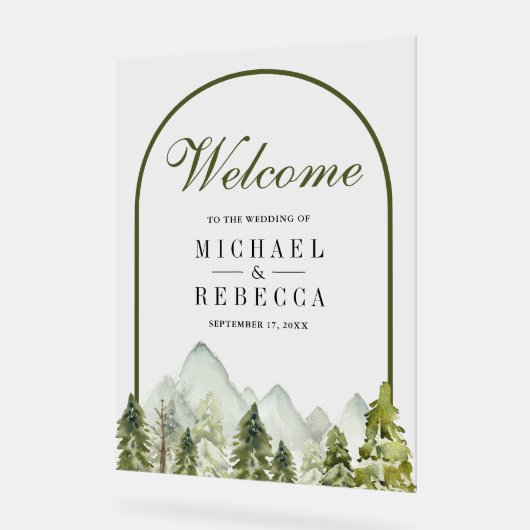 Rustic Mountain Pine Trees Wedding Welcome アクリルサイン (傾斜)