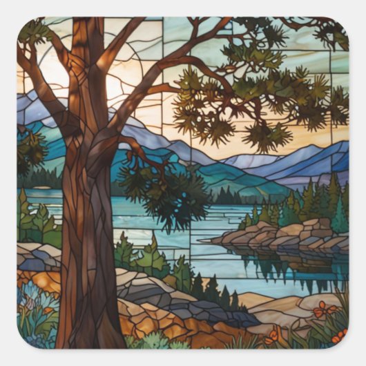 Rustic mountain range landscape stain glass  スクエアシール (正面)