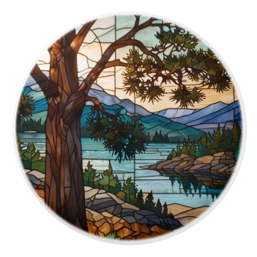 Rustic mountain range landscape stain glass  セラミックノブ (正面)