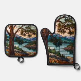 Rustic mountain range landscape stain glass  鍋つかみ&鍋敷きセット