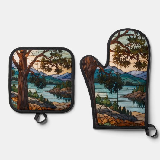 Rustic mountain range landscape stain glass  鍋つかみ&鍋敷きセット (正面)