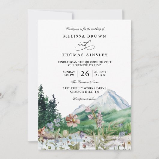 Rustic Mountain Wildflower Boho QR code Wedding 招待状 (正面)