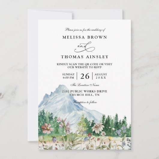 Rustic Mountain Wildflower Boho QR Code Wedding 招待状 (正面)