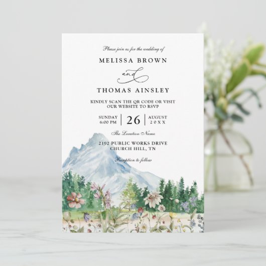 Rustic Mountain Wildflower Boho QR Code Wedding 招待状 (スタンド正面)