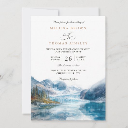 Rustic Mountains Lake Montana QR Code Wedding 招待状 (正面)