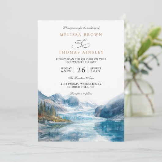 Rustic Mountains Lake Montana QR Code Wedding 招待状 (スタンド正面)