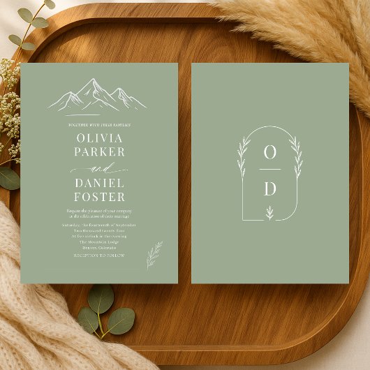 Rustic Mountains Outdoor Sage Green Wedding 招待状