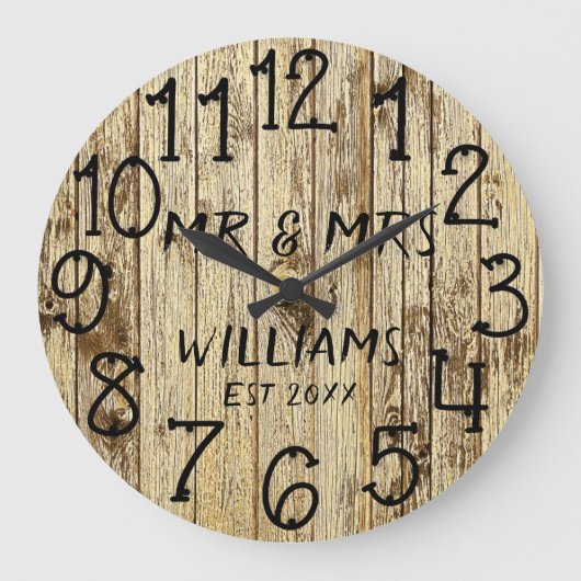 Rustic Mr and Mrs Wood Wedding Anniversary ラージ壁時計 (正面)