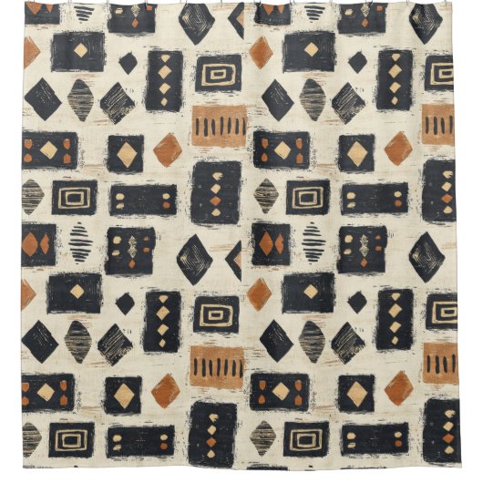 Rustic Mudcloth Geometric Pattern (2) シャワーカーテン (正面)