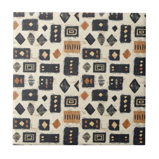 Rustic Mudcloth Geometric Pattern (2) タイル (正面)