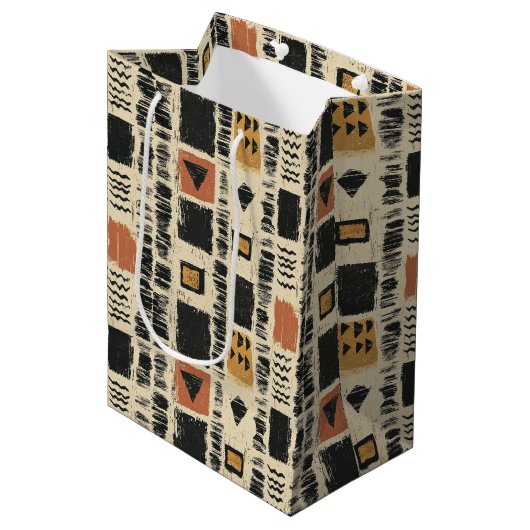 Rustic Mudcloth Geometric Pattern (2) ミディアムペーパーバッグ (正面アングル)