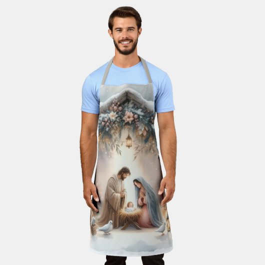 Rustic Nativity Scene with Winter Florals エプロン (着用した状態)