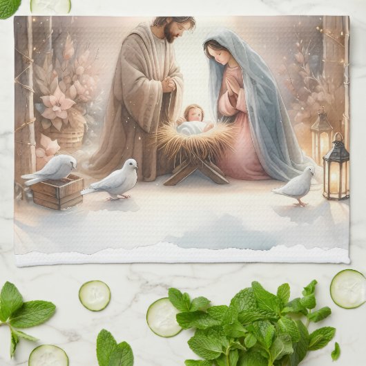 Rustic Nativity Scene with Winter Florals キッチンタオル (折り畳み)