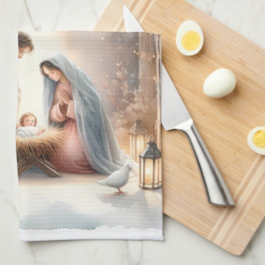 Rustic Nativity Scene with Winter Florals キッチンタオル (四つ折り)