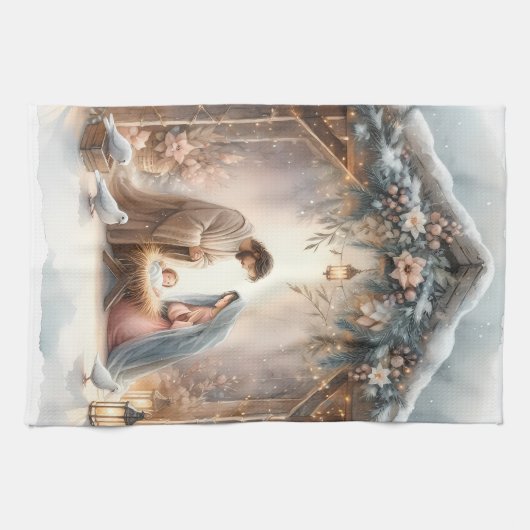 Rustic Nativity Scene with Winter Florals キッチンタオル (横)