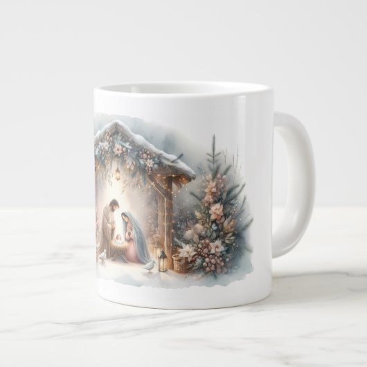 Rustic Nativity Scene with Winter Florals ジャンボコーヒーマグカップ (正面右)