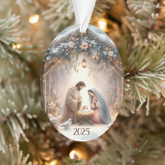 Rustic Nativity Scene with Winter Florals Card オーナメント (ツリー)