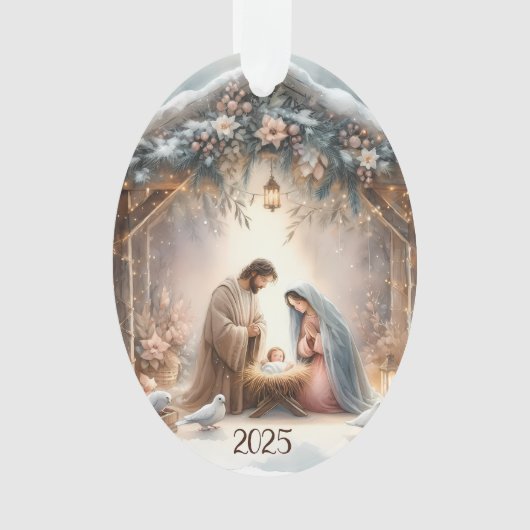 Rustic Nativity Scene with Winter Florals Card オーナメント (正面)