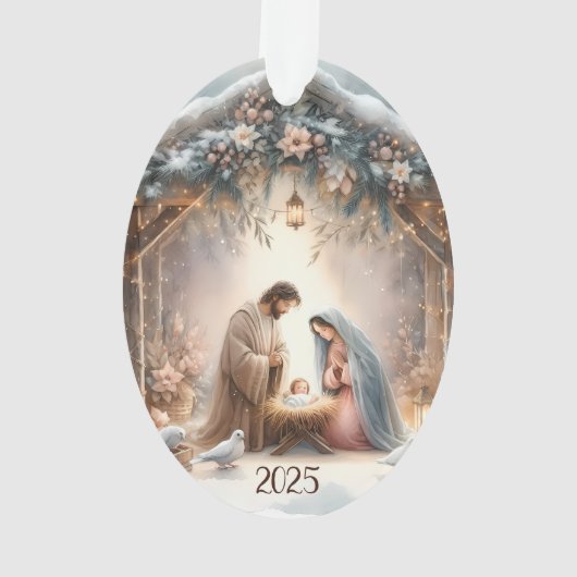 Rustic Nativity Scene with Winter Florals Card オーナメント (裏面)