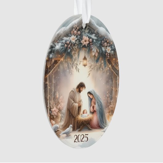 Rustic Nativity Scene with Winter Florals Card オーナメント (正面)