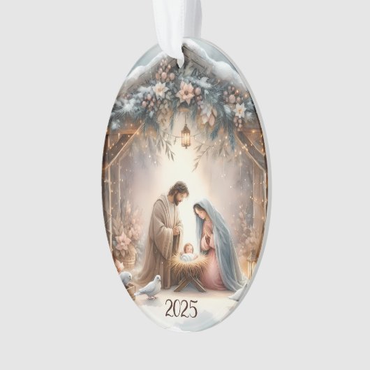 Rustic Nativity Scene with Winter Florals Card オーナメント (正面)
