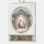 Rustic Nativity Scene with Winter Florals Card シルバープレートバナーオーナメント (左)