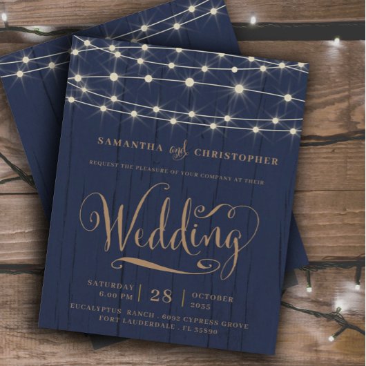 Rustic Navy ストリング ライト付き 結婚式 RSVP