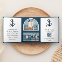Rustic Navy Blue Anchor Rope Photo QR Code Wedding