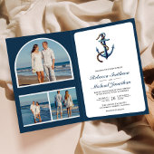 Rustic Navy Blue Anchor Rope Photo QR Code Wedding 招待状