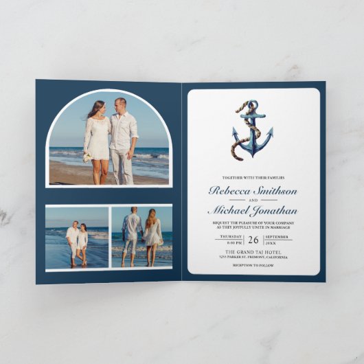 Rustic Navy Blue Anchor Rope Photo QR Code Wedding 招待状 (内部)