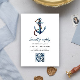 Rustic Navy Blue Anchor Rope QR Code RSVP Wedding エンクロージャーカード