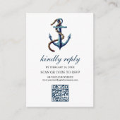 Rustic Navy Blue Anchor Rope QR Code RSVP Wedding エンクロージャーカード (正面)