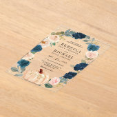 Rustic Navy Blue and Peach Floral Pumpkin Wedding アクリル招待状 (レイダウン)