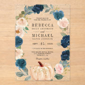 Rustic Navy Blue and Peach Floral Pumpkin Wedding アクリル招待状 (正面)