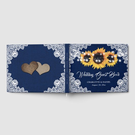 Rustic Navy Blue Burlap and Lace Sunflower Wedding ゲストブック (全面)