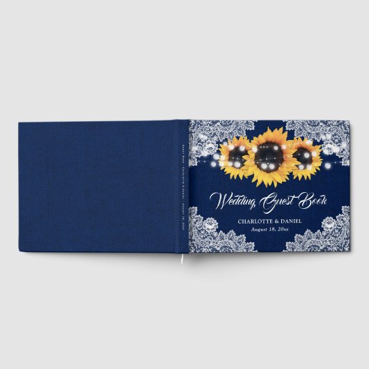 Rustic Navy Blue Burlap Lace Sunflower Wedding ゲストブック (全面)