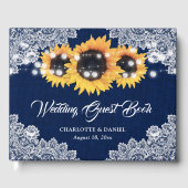 Rustic Navy Blue Burlap Lace Sunflower Wedding ゲストブック (正面)