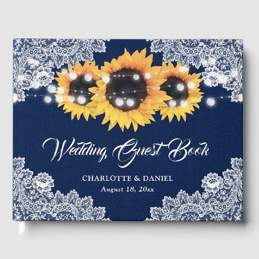 Rustic Navy Blue Burlap Lace Sunflower Wedding ゲストブック (正面)