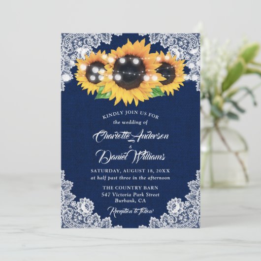 Rustic Navy Blue Burlap Lace Sunflower Wedding 招待状 (スタンド正面)