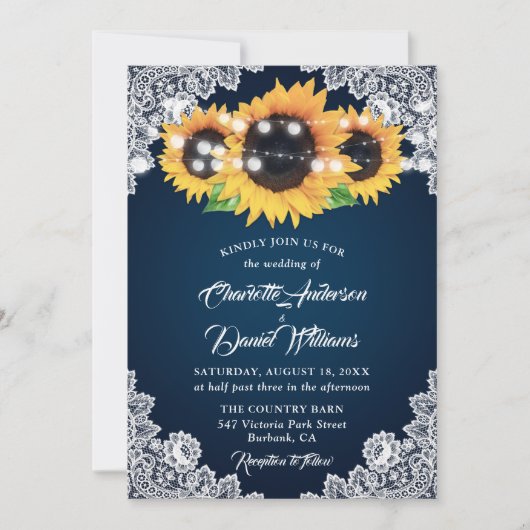 Rustic Navy Blue Burlap Lace Sunflower Wedding 招待状 (正面)