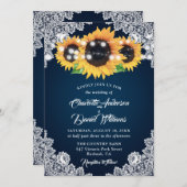 Rustic Navy Blue Burlap Lace Sunflower Wedding 招待状 (正面/裏面)