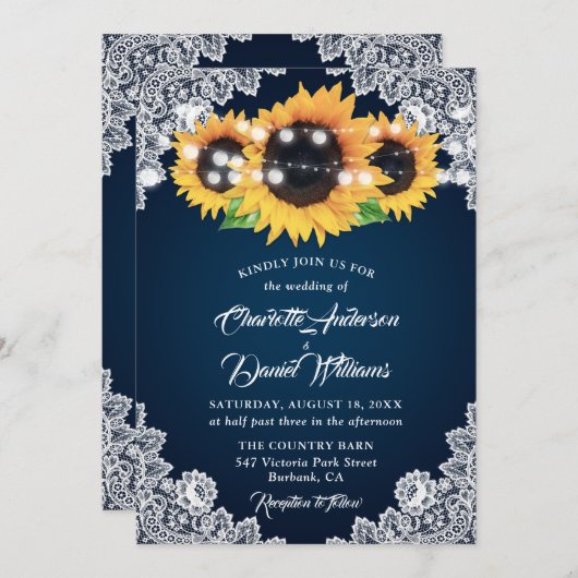 Rustic Navy Blue Burlap Lace Sunflower Wedding 招待状 (正面/裏面)