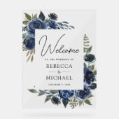 Rustic Navy Blue Floral Wedding Welcome アクリルサイン (正面)