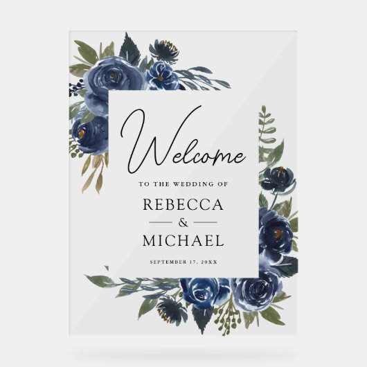 Rustic Navy Blue Floral Wedding Welcome アクリルサイン (正面)