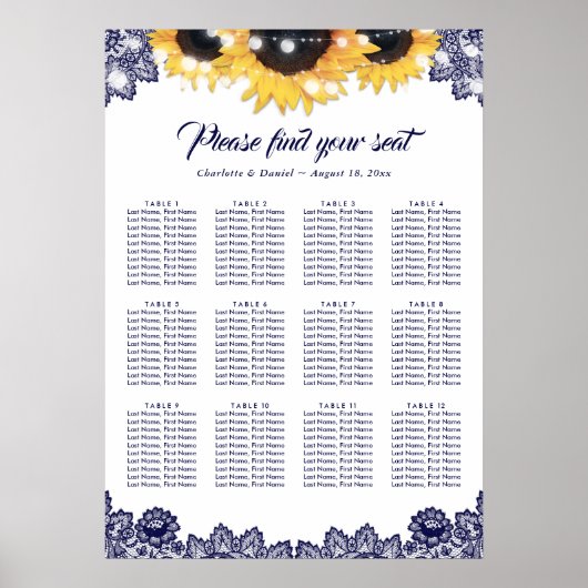 Rustic Navy Blue Lace Sunflower Seating Chart 12 ポスター (正面)