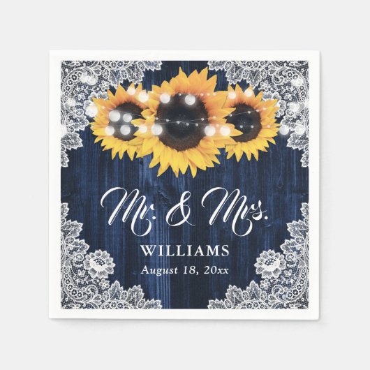 Rustic Navy Blue Sunflower Lace Mr and Mrs Wedding スタンダードカクテルナプキン (正面)