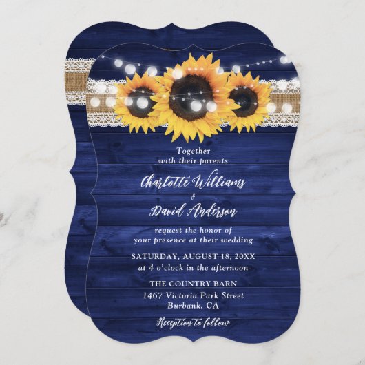 Rustic Navy Blue Sunflower Wood Wedding 招待状 (正面/裏面)